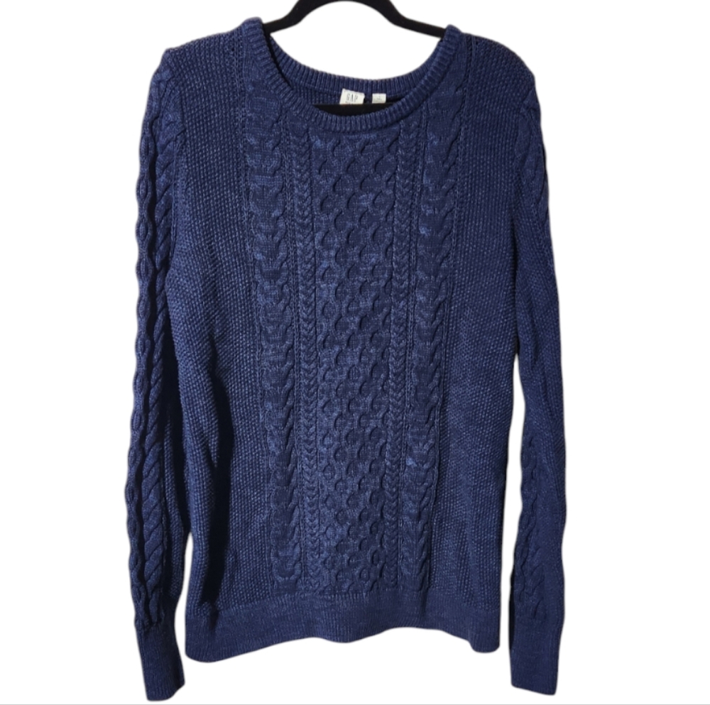 GAP Navy Blue Cable Knit Medium Heavy Weight Crew Neck Sweater Size Large TALL